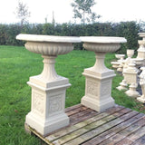 STONE GARDEN PAIR OF VICTORIAN URNS ON PLINTHS PLANTERS VASES ORNAMENTS