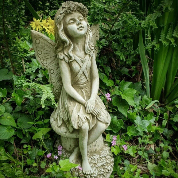 STONE GARDEN LARGE FAIRY ON TOADSTOOL ORNAMENT STATUE