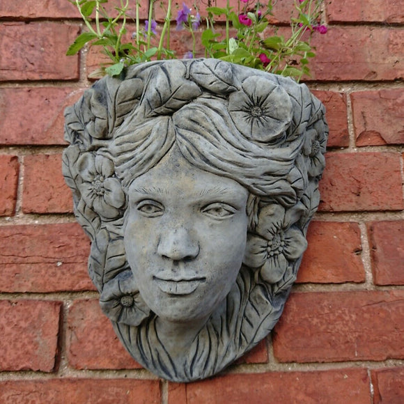 face hanging planter STONE GARDEN LARGE LADY FACE WALL PLANTER – Ferney Heyes Garden Products