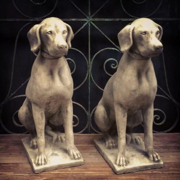 STONE GARDEN PAIR OF LARGE SITTING POINTER DOG STATUES ORNAMENTS