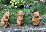CAST IRON SET OF 3 RUSTY MUSICAL HAMSTERS GARDEN ORNAMENT