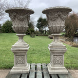 STONE GARDEN PAIR OF LARGE ROSE URNS ON PLINTHS PLANTERS VASES