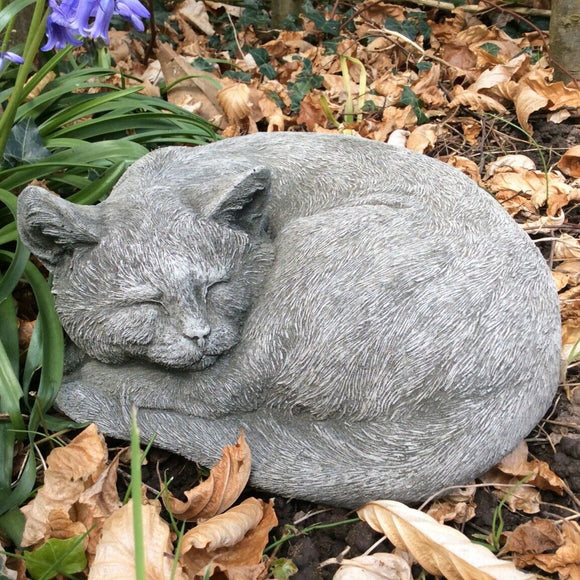 STONE GARDEN CURLED UP SLEEPING CAT / MEMORIAL STATUE ORNAMENT – Ferney  Heyes Garden Products