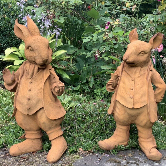 Garden ornament rusty cold cast iron mr ratty and rabbit wind in the willows ferney Heyes ornaments statues 