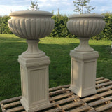 STONE GARDEN PAIR OF LARGE VICTORIAN STYLE URNS ON PLINTHS PLANTERS