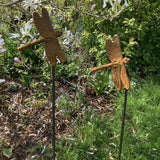 PAIR OF RUSTY METAL DRAGONFLY PLANT SUPPORTS GARDEN STAKES