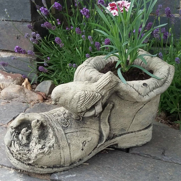 shoe plant pot STONE GARDEN BIRD ON BOOT SHOE PLANTER POT ORNAMENT – Ferney Heyes Garden Products