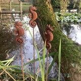 SET OF 3 RUSTY METAL SEAHORSE PLANT SUPPORTS GARDEN STAKES