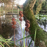 SET OF 3 RUSTY METAL SEAHORSE PLANT SUPPORTS GARDEN STAKES