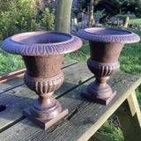 CAST IRON PAIR OF SMALL URNS METAL GARDEN PLANTERS