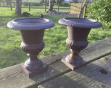 CAST IRON PAIR OF SMALL URNS METAL GARDEN PLANTERS