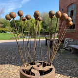 SET OF 3 RUSTY METAL 1.5 METRE BALL TOP SPHERE PLANT SUPPORTS GARDEN STAKES