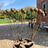 SET OF 3 RUSTY METAL 1.5 METRE BALL TOP SPHERE PLANT SUPPORTS GARDEN STAKES