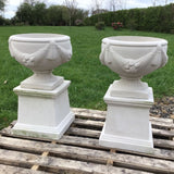 STONE GARDEN PAIR OF VICTORIAN SWAG URNS ON PLINTHS POTS PLANTERS VASES ORNAMENT