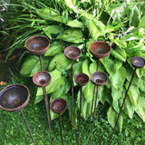 SET OF 9 RUSTY METAL RAIN CATCHER STAKES GARDEN SUPPORTS BIRD BATH FEEDERS