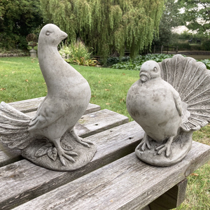 STONE GARDEN SET OF 2 FAN TAIL DOVES PIGEON ORNAMENTS STATUES