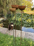 SET OF 3 LARGE RUSTY METAL RAIN CATCHER STAKES GARDEN SUPPORTS