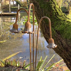 SET OF 3 RUSTY METAL BLUEBELL FLOWER PLANT SUPPORTS STAKES GARDEN DECORATIONS