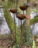 SET OF 3 RUSTY METAL INSECT RAIN CATCHER STAKES GARDEN BIRD BATH FEEDERS