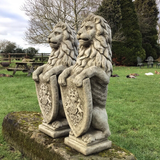 STONE GARDEN PAIR OF LARGE ARMORIAL HERALDIC LION ORNAMENTS FINIALS STATUES
