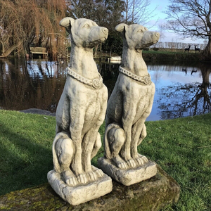 STONE GARDEN PAIR OF TALL GREYHOUND GUARD DOG ORNAMENTS STATUES