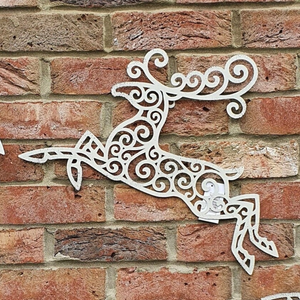 SMALL WHITE METAL LEAPING REINDEER STAG WALL ART PLAQUE