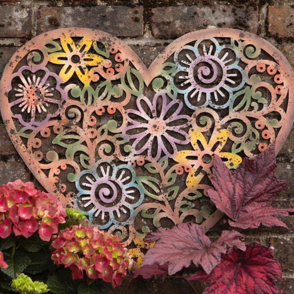 COLOURED METAL FLORAL LOVE HEART WALL PLAQUE