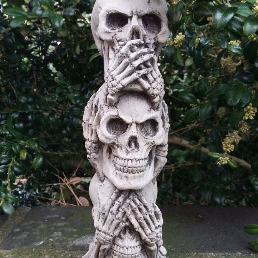 STONE GARDEN SMALL WISE SKULL TOWER ORNAMENT SKELETON SEE NO