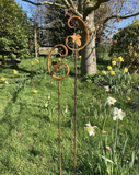PAIR OF RUSTY METAL SCROLL LEAF PLANT SUPPORTS SWIRL STAKES GARDEN DECORATIONS