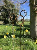 SET OF 3 RUSTY METAL CIRCLE SWIRL TOP PLANT SUPPORTS STAKES GARDEN DECORATIONS