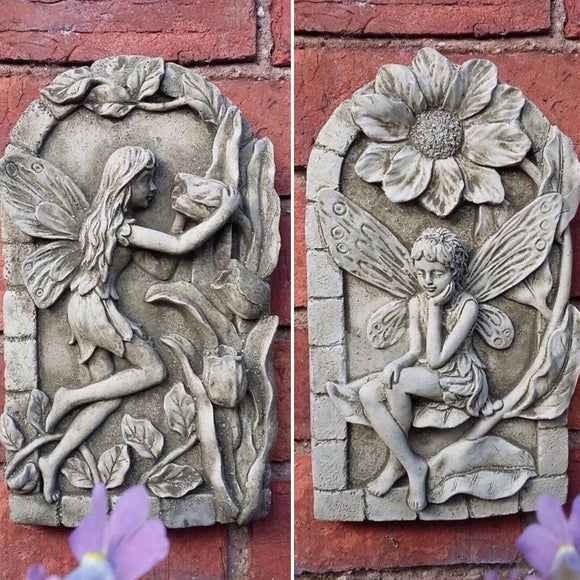 STONE GARDEN PAIR OF FLOWER FAIRY WALL PLAQUES