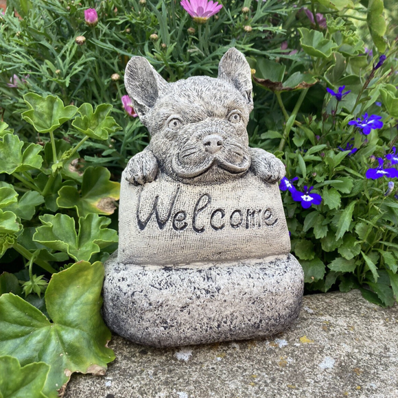 STONE GARDEN SMALL WELCOME FRENCH BULLDOG FRENCHIE DOG PUPPY ORNAMENT