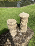 STONE GARDEN PAIR OF TOTEM POLE HEADS TIKI ORNAMENTS STATUES
