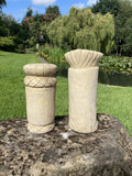 STONE GARDEN PAIR OF TOTEM POLE HEADS TIKI ORNAMENTS STATUES