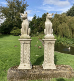 STONE GARDEN PAIR OF LARGE CAT STATUES ON ORNATE PLINTHS CATS ORNAMENTS