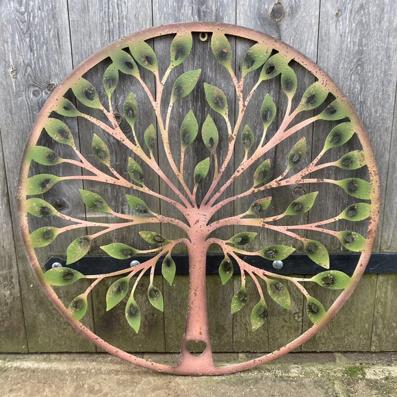 LARGE COLOURED METAL HEART TREE OF LIFE WALL PLAQUE HANGING GARDEN ORNAMENT