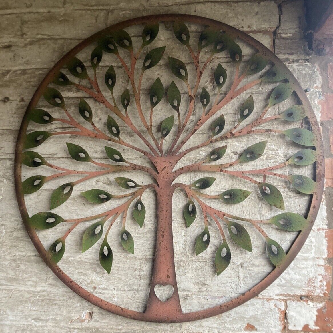 LARGE COLOURED METAL HEART TREE LEAF WALL PLAQUE HANGING GARDEN ORNAME ...