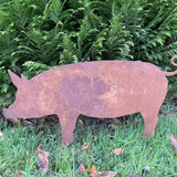 RUSTY METAL PIG SILHOUETTE GARDEN LAWN STAKE ORNAMENT