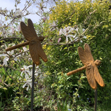 PAIR OF TALL RUSTY 1.5 METRE METAL DRAGONFLY PLANT SUPPORTS GARDEN DECORATIONS STEEL