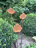 SET OF 3 RUSTY 1.5 METRE METAL LEAF PLANT SUPPORT STAKE GARDEN ORNAMENT