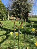 SET OF 3 TALL RUSTY 1.5 METRE METAL CIRCLE SWIRL TOP PLANT SUPPORTS STAKES GARDEN