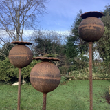 SET OF 3 TALL RUSTY LARGE METAL POPPY STAKES GARDEN PLANT SUPPORTS ORNAMENT