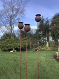 SET OF 3 TALL RUSTY LARGE METAL POPPY STAKES GARDEN PLANT SUPPORTS ORNAMENT