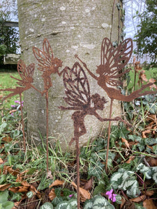 SET OF 4 RUSTY METAL FAIRY PLANT STAKES GARDEN DECORATIONS