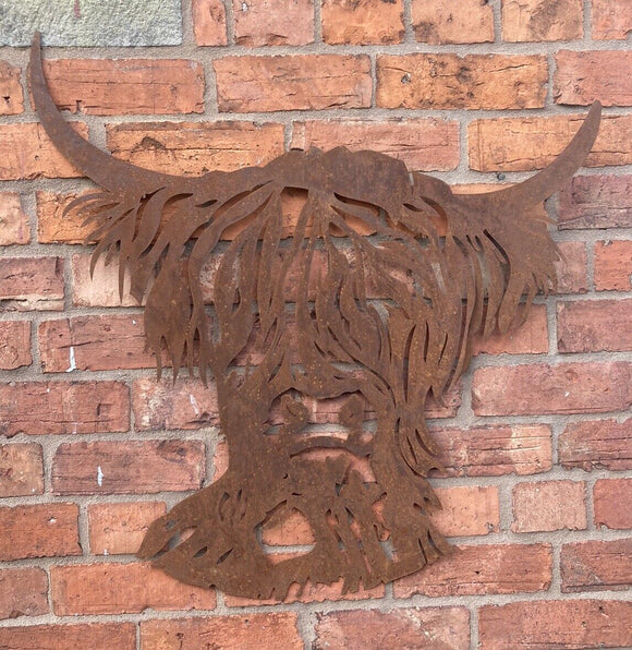 RUSTY METAL HIGHLAND COW / BULL WALL PLAQUE HANGING RUSTIC GARDEN ORNAMENT