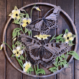 COLOURED METAL BUTTERFLY & FLOWERS LEAF WALL PLAQUE GARDEN ORNAMENT