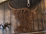 RUSTY METAL HIGHLAND COW / BULL WALL PLAQUE HANGING RUSTIC GARDEN ORNAMENT