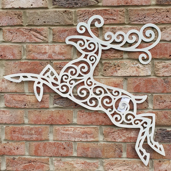 LARGE WHITE METAL LEAPING REINDEER STAG WALL ART PLAQUE